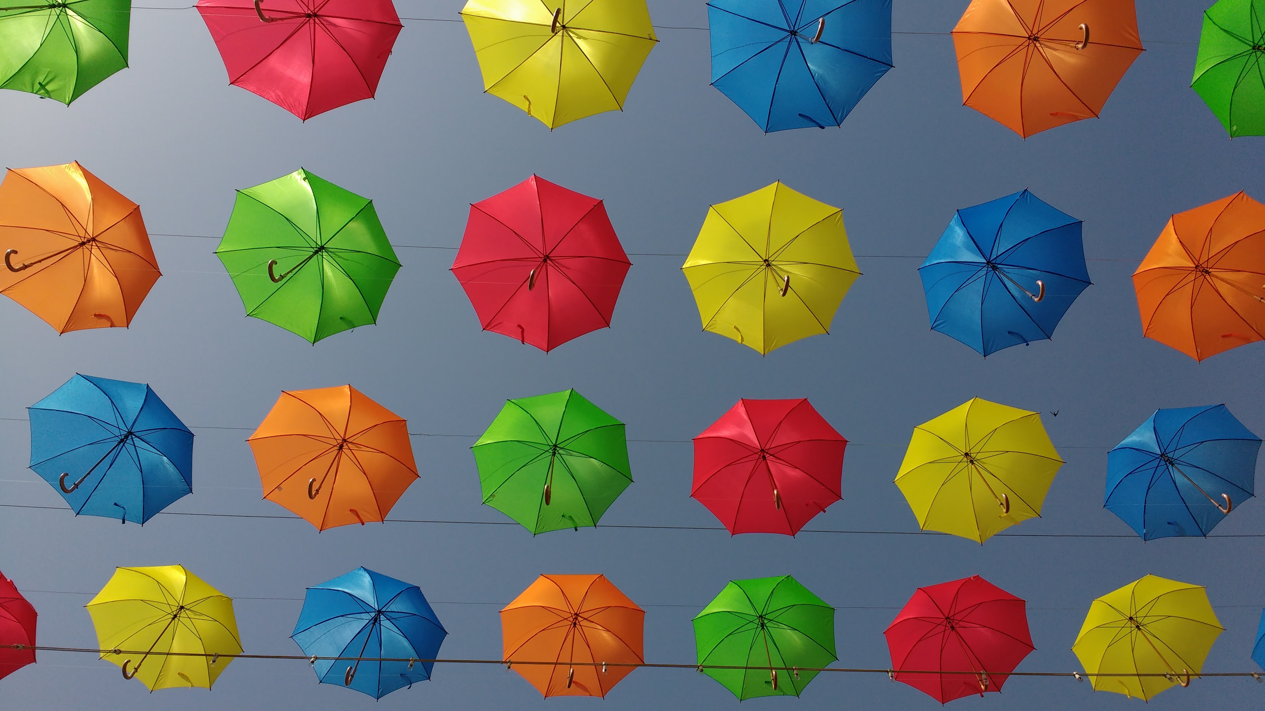 A collection of bright colourful umbrellas in red, yellow, blue, and green against a blue sky